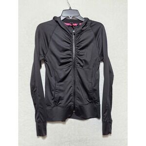 Hyba Black Ruched Full Zip Hoodie Jacket Thumbholes Athleisure Womens S